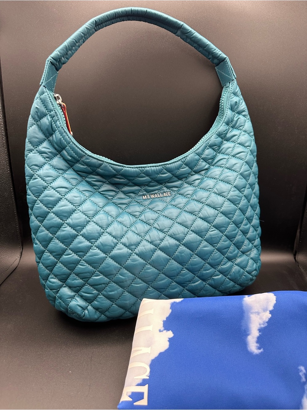 MZ Wallace Large Metro Shoulder Bag Pacific Teal Blue Quilted Hobo NWOT Dust Bag